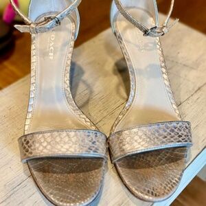 Coach, Gold-Toned Marci Metallic Snakeskin Heeled Sandals Size 6